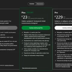 Porównanie planów: Free, Plus i Pro. Plan Plus oferuje ulepszenia, w tym dostęp do modeli GPT-4.5 i generatora wideo Sora.