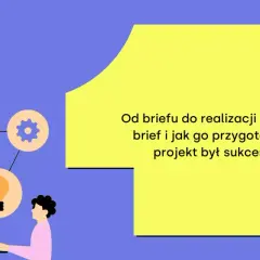 Grafika przedstawia schemat procesu tworzenia projektu, od briefu do realizacji. Ikony symbolizują czas, pomysł i zadania.