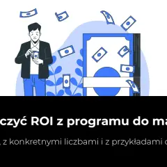Mężczyzna z pieniędzmi w ręku, spadające banknoty i koperty. Ilustracja pokazuje, jak obliczyć ROI z mailingu, by zwiększyć zyski.