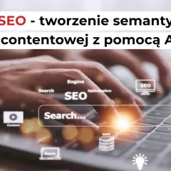 Ręce nad klawiaturą, ikony SEO, analiza danych i wyszukiwanie. Tworzenie strategii semantycznej SEO z pomocą AI.