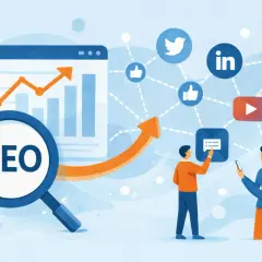 Grafika ilustruje strategię marketingową: wykresy, lupa z napisem SEO, ikony mediów społecznościowych i ludzie planujący działania.