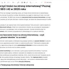 Optymalizacja tworzenia treści na stronę internetową z pomocą AI. Artykuł omawia zasady SEO i AI w 2026 roku.