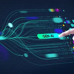Palec wskazuje na przycisk "GEN-AI", symbolizując interakcję z generatywną sztuczną inteligencją, która tworzy złożone sieci danych.