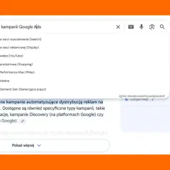 Wyszukiwarka Google pokazuje różne rodzaje kampanii reklamowych: w sieci wyszukiwania, Display, wideo, produktowe, Performance Max, lokalne i Demand Gen.