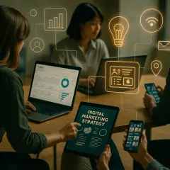 Zespół analizuje dane i tworzy strategię digital marketingową, korzystając z laptopów i tabletów.