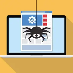 Grafika pokazuje pająka indeksującego stronę internetową na laptopie. Dowiedz się, jak sprawdzić, czy strona jest zaindeksowana.