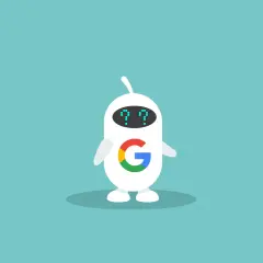 Biały, przyjazny google bot z logo Google na brzuchu i niebieskimi znakami zapytania zamiast oczu.