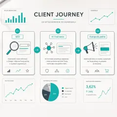 Schemat podróży klienta w digital marketingu: od wyszukiwania (SEO, AI Overviews) do konwersji (kampanie płatne). Analiza ruchu i kosztów.