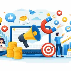 Ilustracja przedstawia elementy skutecznej reklamy cyfrowej: laptop, megafon, magnes przyciągający ikony social media, wykresy wzrostu, stosy monet i cel.