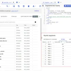 Widok eksploratora danych Google Cloud z zapytaniem SQL, które pobiera dane z BigQuery, prezentując wyniki w tabeli.