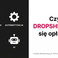 Grafika przedstawia cztery ikony: ciężarówkę (szybka dostawa), koło zębate (automatyzacja), wykres wzrostu (zysk ROI) i robota (AI). Obok widnieje pytanie: "Czy DROPSHIPPING się opłaca?".
