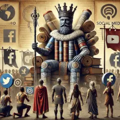 Król wiedzy, z tronu z ksiąg, panuje nad ludem oddającym cześć symbolom mediów społecznościowych. content is the king.
