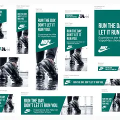 Różne rozmiary banerów Nike z hasłem "RUN THE DAY. DON'T LET IT RUN YOU." i zdjęciem butów.