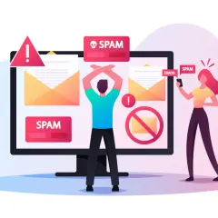 Osoba zrezygnowana przed monitorem z powiadomieniami SPAM. Kobieta z telefonem też widzi SPAM.