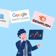 Biznesmen zastanawia się nad wyborem narzędzi SEO: Ahrefs, SEMrush, Senuto, SEMstorm i Google Search Console.