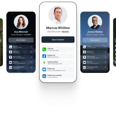 Wizytówki cyfrowe z danymi kontaktowymi, w tym opcją "Save Contact" i linkami do mediów społecznościowych, tworzą spersonalizowany vanity url.