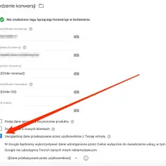 Ustawienia Google Ads: zaznaczono opcję "Uwzględniaj dane przekazywane przez użytkowników z Twojej witryny", co pozwala na **konwersje rozszerzone**.