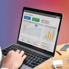 Analityka internetowa na laptopie: wykresy sprzedaży, globalny rynek i budżet projektu.