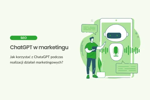 Ilustracja pokazuje, co potrafi ChatGPT w marketingu: człowiek korzysta z telefonu, na którym widać chatbota i mikrofon.