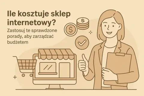 Ile kosztuje sklep internetowy? Grafika pokazuje koszyk, komputer z witryną sklepu, monety i kobietę z dokumentami, sugerując zarządzanie budżetem.