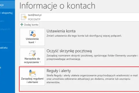 Zarządzaj regułami i alertami, aby organizować wiadomości e-mail. Ustawienia te pomagają w automatycznym przetwarzaniu poczty, np. jako autoresponder.