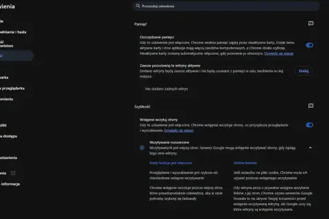 Ustawienia Google Chrome: Wydajność, Oszczędzanie pamięci, Wstępne wczytywanie stron.