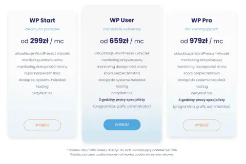 Trzy plany obsługi stron internetowych: WP Start, WP User i WP Pro, z cenami i zakresem usług. Aktualizacja stron internetowych w pakiecie.