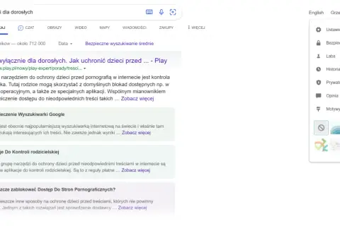 Ustawienia "google safesearch" włączone, aby chronić dzieci przed nieodpowiednimi treściami. Dostępne są różne poziomy bezpieczeństwa.