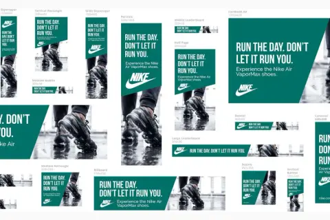 Różne rozmiary banerów Nike z hasłem "RUN THE DAY. DON'T LET IT RUN YOU." i zdjęciem butów.