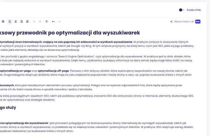 Artykuł wyjaśnia, co to jest SEO i jak działa. Zawiera analizę słów kluczowych i podpowiedzi, jak zoptymalizować stronę.
