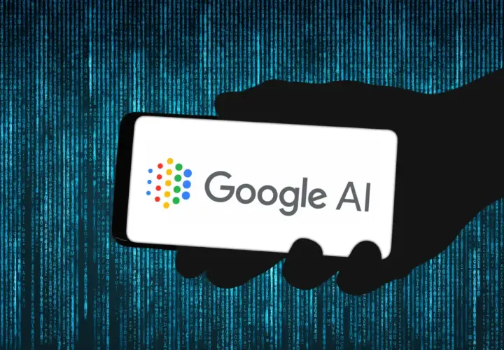 Dłoń trzyma smartfon z logo Google AI na tle cyfrowego kodu. To przyszłość wyszukiwania, czyli google sge.