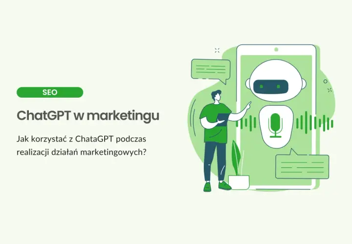 Ilustracja pokazuje, co potrafi ChatGPT w marketingu: człowiek korzysta z telefonu, na którym widać chatbota i mikrofon.