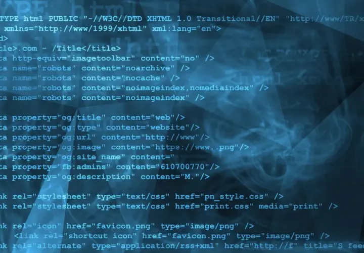 Kod HTML strony internetowej z tagami meta, linkami do stylów i ikon. Kod jest niebieski na ciemnym tle.