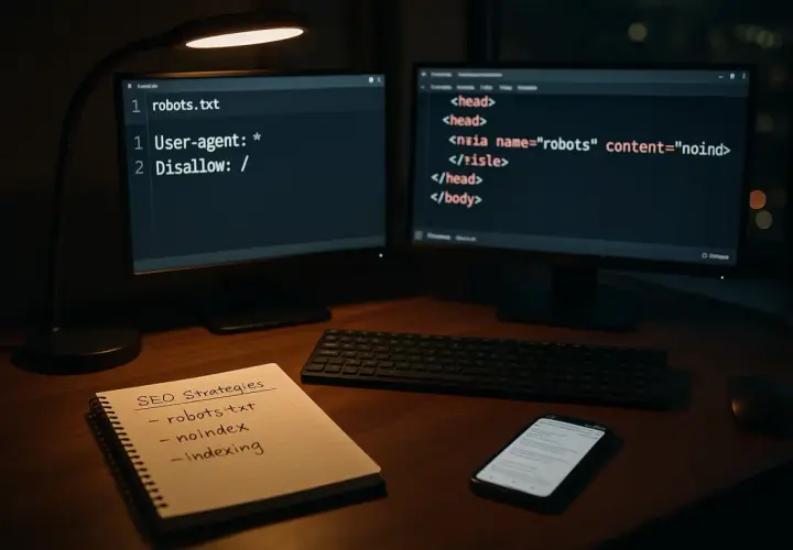 Na biurku z dwoma monitorami widać kod pliku robots.txt i meta tag noindex. Notatnik z hasłami "SEO Strategies", "robots.txt", "noindex", "indexing" i telefon.