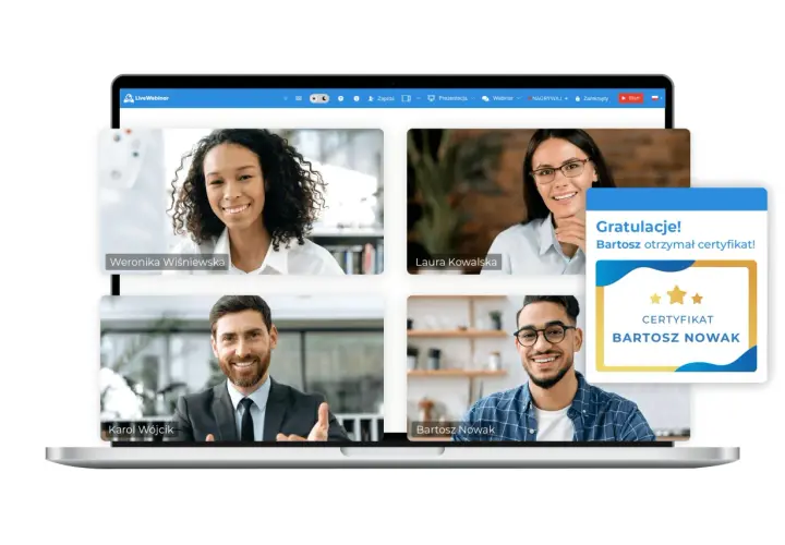 Uczestnicy wirtualnego spotkania, gdzie każdy może dowiedzieć się, webinarium co to jest. Gratulacje dla Bartosza za certyfikat!