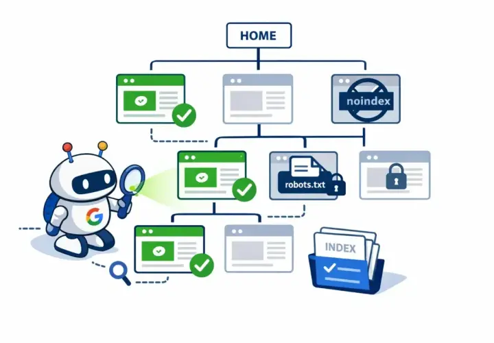 Robot Google bada strukturę strony, sprawdzając jej zawartość pod kątem indeksowania i budując zaufanie (trust rank).