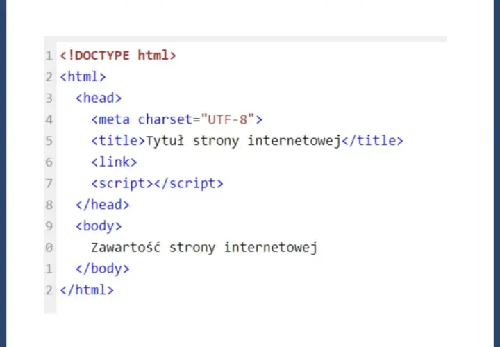 Kod źródłowy strony internetowej z podstawowymi znacznikami HTML, takimi jak `<html>`, `<head>`, `<body>` i `<title>`.