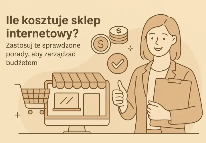 Ile kosztuje sklep internetowy? Grafika pokazuje koszyk, komputer z witryną sklepu, monety i kobietę z dokumentami, sugerując zarządzanie budżetem.