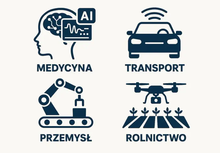Zastosowania AI: medycyna, transport, przemysł, rolnictwo. Ikony przedstawiają mózg z danymi, auto, robota i drona nad polami.