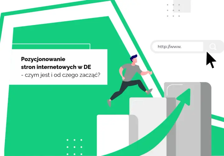 Grafika ilustruje pozycjonowanie stron internetowych w Niemczech. Mężczyzna skacze po schodkach, symbolizując rozwój i osiąganie celów.
