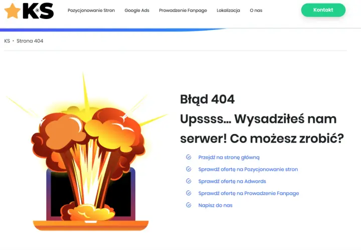 Strona 404: wybuchowy błąd serwera na laptopie. Sprawdź ofertę lub wróć na stronę główną.