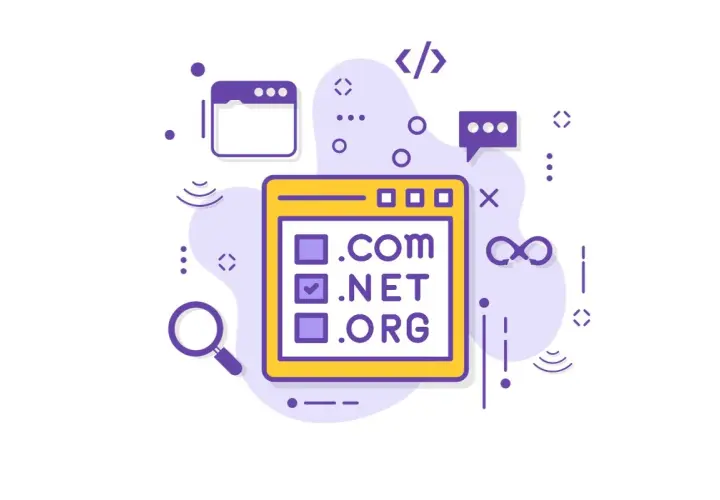 Wybór domeny najwyższego poziomu: .com, .net, .org. Ikony symbolizują wyszukiwanie, kodowanie i komunikację.