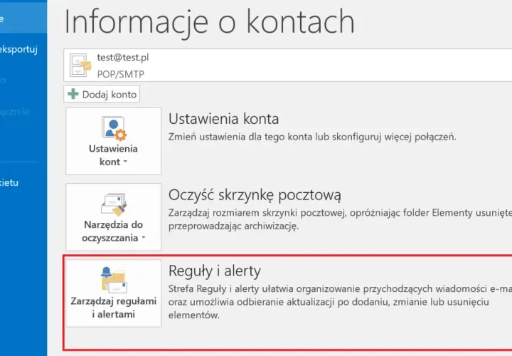 Zarządzaj regułami i alertami, aby organizować wiadomości e-mail. Ustawienia te pomagają w automatycznym przetwarzaniu poczty, np. jako autoresponder.