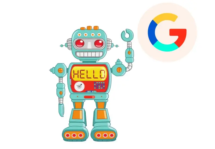 Robot z napisem "HELLO" i logo Google. To pokazuje, co oznacza rel w kontekście technologii i komunikacji.