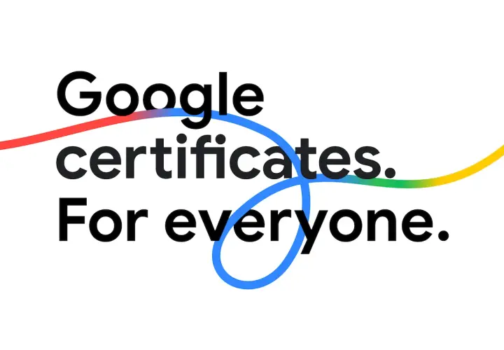 Google certificates. For everyone. Kolorowe linie oplatają tekst, podkreślając dostępność certyfikatów Google dla wszystkich.