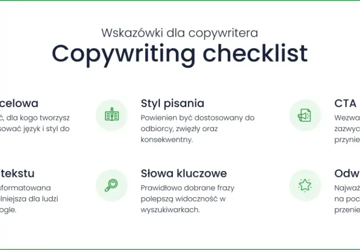 Checklista dla copywritera: grupa docelowa, styl, CTA, struktura, słowa kluczowe i odwrócona piramida to kluczowe elementy profesjonalnego copywritingu.