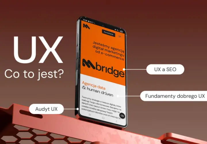 Projektowanie doświadczeń użytkownika (UX) to klucz do sukcesu. Na ekranie telefonu widać hasła: "Audyt UX", "UX a SEO", "Fundamenty dobrego UX".
