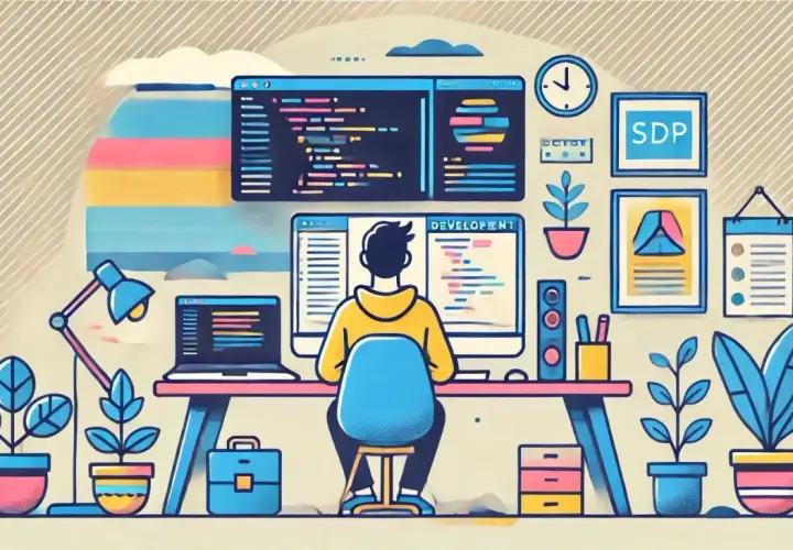 Programista przy biurku, kod na ekranie, komentarz w SQL.