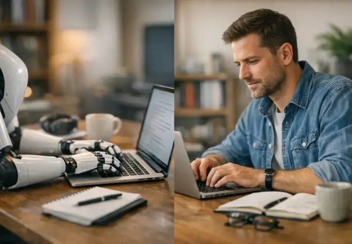 Robot i człowiek pracują przy laptopach. AI copywriter wspiera twórcę treści.