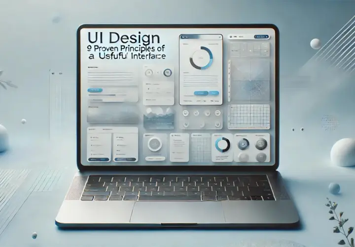 Laptop z ekranem prezentującym zasady UI Design. Widoczne różne elementy interfejsu, wykresy i przyciski.